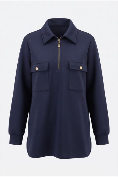 RMG Collar Zipper Detailed Plus Size Knitted Modal Blouse Navy Blue