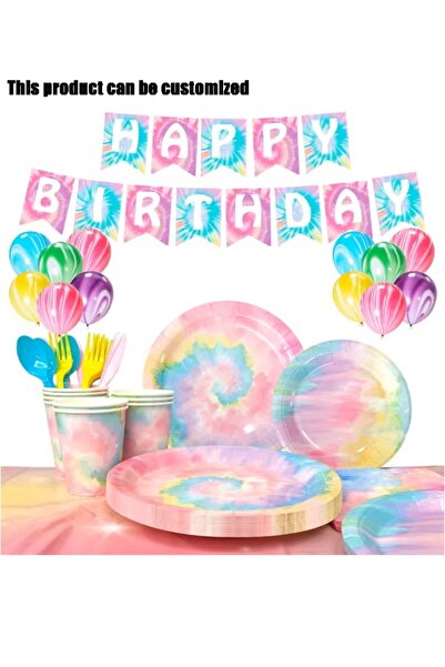 MKATECH Rainbow Tie Dye Disposable Tableware Kit, Tie Dye Birthday Banner, Pa...