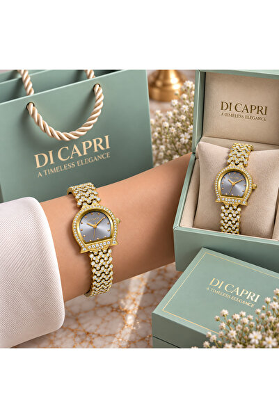 Generic Brand ساعة DI CAPRI نسائية ذهبية مرصعة بالفصوص بمينا فضي LOOSTER TIME
