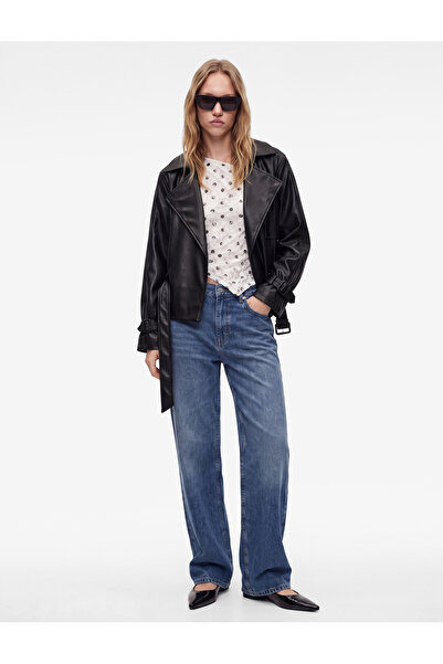 Koton Double-Breasted Collar Long Sleeve Belted Faux Leather Jacket