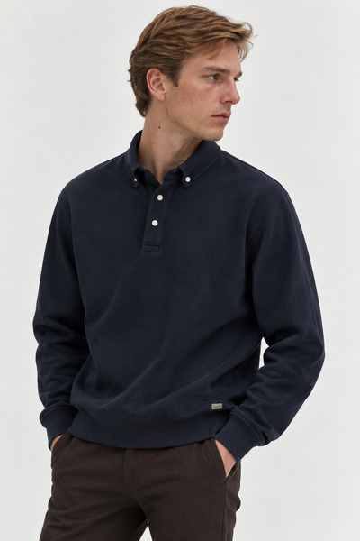 Manche Navy Blue Polo Collar Sweatshirt with Snap Detail and Regular Fit |   ...