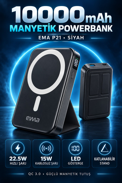 Eima P21 10000 Mah 22.5W Qc 3.0 Hızlı Şarjlı Magsafe Uyumlu Manyetik Kablosuz Powerbank Standlı LED