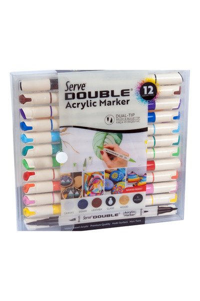 Serve Çift Taraflı Akrilik Kalem 12'li Set (Fırça + Keçeli Uç)