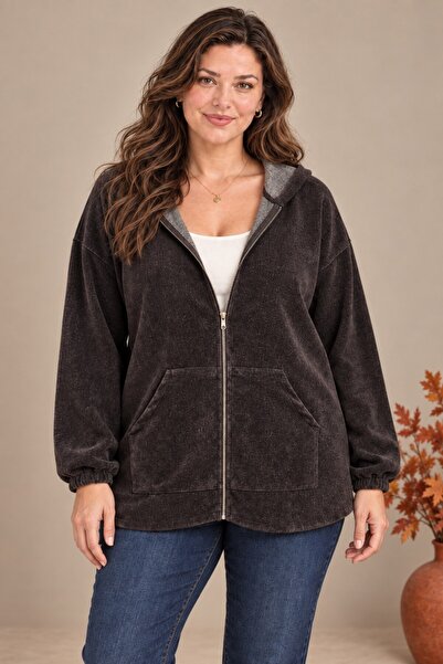 RMG Soft Velvet Zippered Oversized Sweatshirt Brown