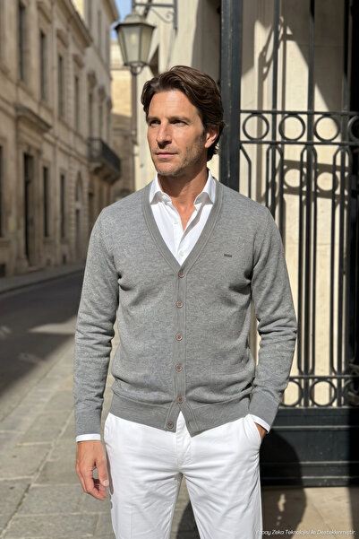 Çizgi Triko Men's Buttoned Cardigan Thessaloniki Knit V-Neck with Pockets Cla...
