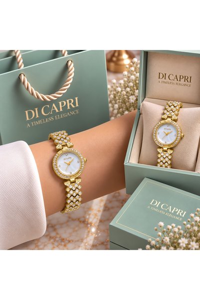 Generic Brand ساعة DI CAPRI نسائية ذهبية بمينا أبيض مرصعة بالفصوص LOOSTER TIME
