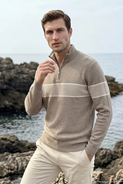 Çizgi Triko Men's Half Fisherman Knitwear Cotton Mink Sweater Stripe Patterne...