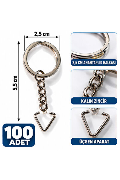 100 Adet Anahtarlık Halkası Zincirli Üçgen Aparatlı