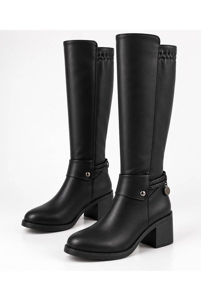GNY AYAKKABI Gny Women's Knee-High Heeled Boots Black Knitted Detailed Zippered Stylish Boots