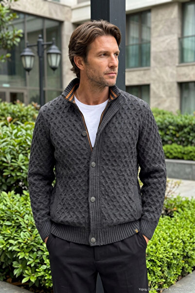 Çizgi Triko Men's Zippered and Buttoned Cardigan Thick Knit Knitwear Classic ...