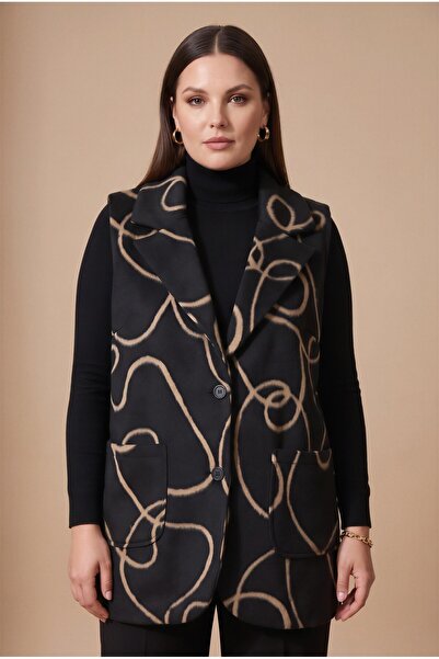 RMG Patterned Large Size Cashmere Vest with Cotton Lining Inside, Black