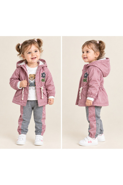 ZİMBOO KIZ BEBEK KAPİŞONLU ÇİÇEK SÜZENELİ YAĞMURLUK 3 LÜ TAKIM