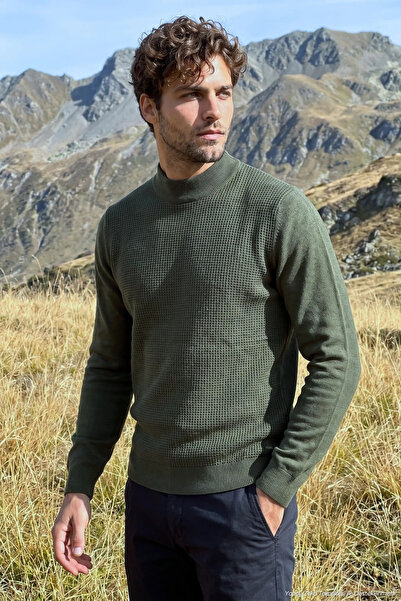 Çizgi Triko Men's Half Fisherman Khaki Sweater Cotton Knitwear Rice Patterned...