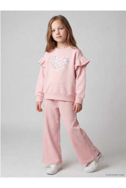 LC Waikiki Pink Crew Neck Embroidered Girls' Set