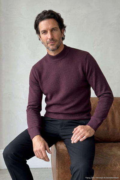 Çizgi Triko Men's Half Fisherman Burgundy Sweater Cotton Knitwear Rice Patter...