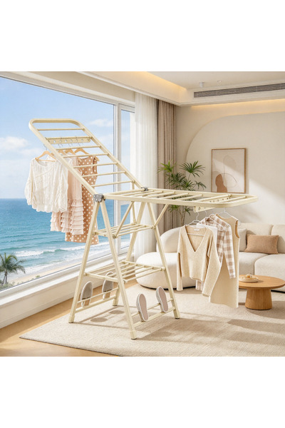 BESTONE 180cm Cream White Folding Laundry Airer, Triangle Stable Structure fo...