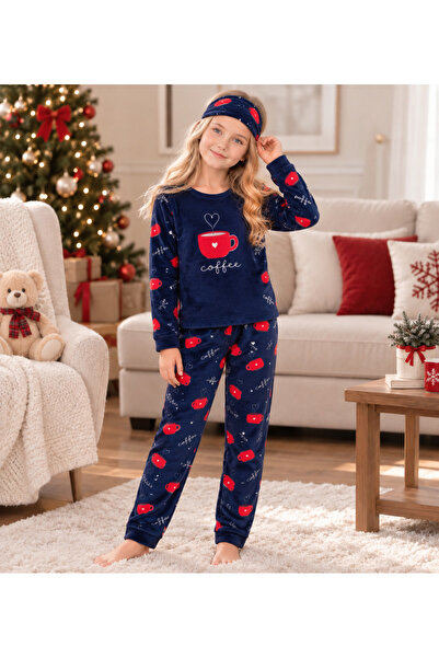 zahider Girl's Cotton Long-Sleeved Navy Blue Cup Patterned Winter Pajama Set