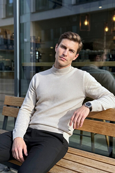 Çizgi Triko Men's Half Fisherman Stone Sweater Cotton Knitwear Rice Patterned...