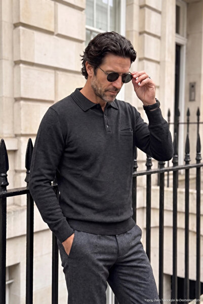 Çizgi Triko Men's Polo Collar Plain Knitwear Cotton Smoked Sweater Steel Knit...