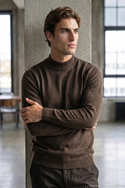 Çizgi Triko Men's Half Turtleneck Plain Knitwear Cotton Brown Sweater Steel K...