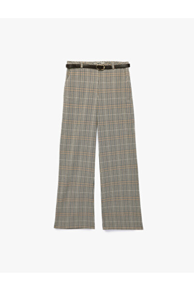 Koton High Waist Belted Pocketed Plaid Wide Leg Pants