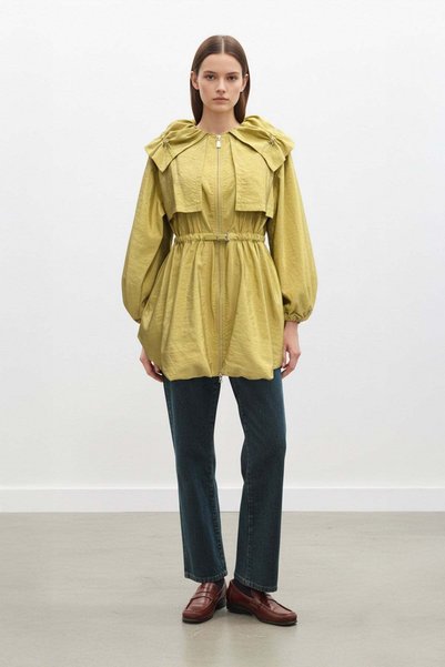 Soul Kadın Balon Kol Detaylı Kemerli Kısa Trenchcoat-32450TRC Zeytin Yeşili