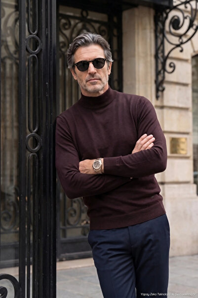 Çizgi Triko Men's Half Turtleneck Plain Knitwear Cotton Plum Sweater Steel Kn...