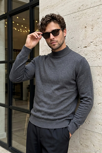 Çizgi Triko Men's Half Turtleneck Plain Knitwear Cotton Dark Gray Sweater Ste...