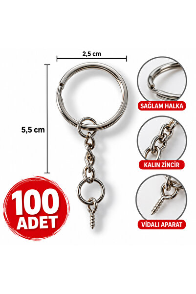 100 Adet 25 Mm Nikel Kaplama Zincirli Anahtarlık Ve 5×10 Mm Vidalı Set
