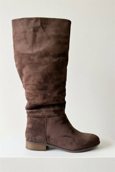 Les Passent Women's Mika Brown Suede Flat Sole Drawstring Below the Knee Length Pull-On Boots