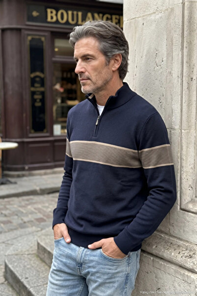Çizgi Triko Men's Half Fisherman Knitwear Cotton Navy Blue Sweater Stripe Pat...