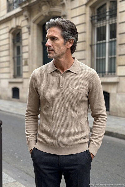 Çizgi Triko Men's Polo Collar Mink Sweater Rice Patterned Cotton Knitwear Ste...