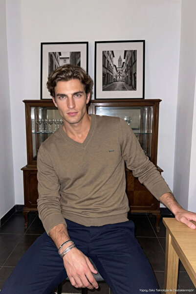 Çizgi Triko Men's V-Neck Mink Sweater Thessaloniki Knit Solid Color Classic P...