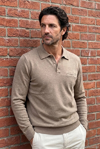 Çizgi Triko Men's Polo Collar Plain Knitwear Cotton Mink Sweater Steel Knit C...