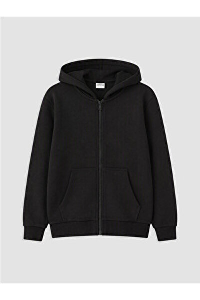 LC Waikiki Black Hooded Boy's Zippered Sweatshirt