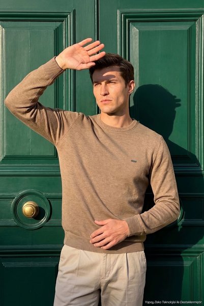 Çizgi Triko Men's Crew Neck Mink Sweater Thessaloniki Knit Solid Color Classi...