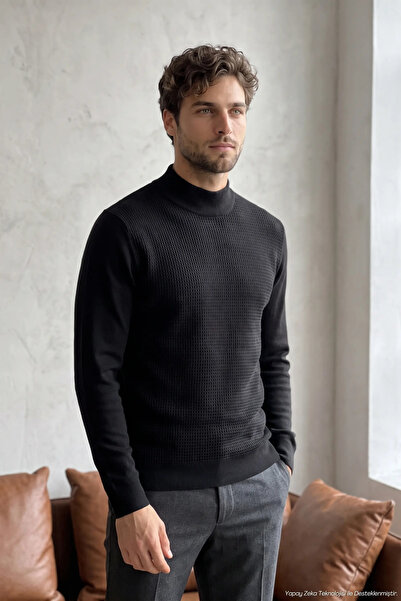 Çizgi Triko Men's Half Fisherman Black Sweater Cotton Knitwear Rice Patterned...
