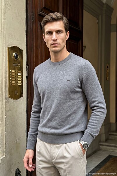 Çizgi Triko Men's Crew Neck Anthracite Sweater Thessaloniki Knit Solid Color ...