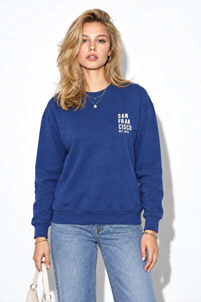 VENA Kadın Göğsü Baskılı Basic Sweatshirt %100 Pamuk-Navy