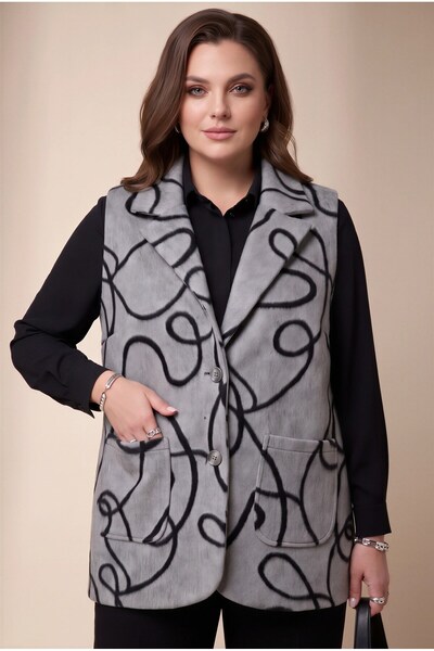 RMG Patterned Large Size Cashmere Vest with Cotton Lining Inside, Gray