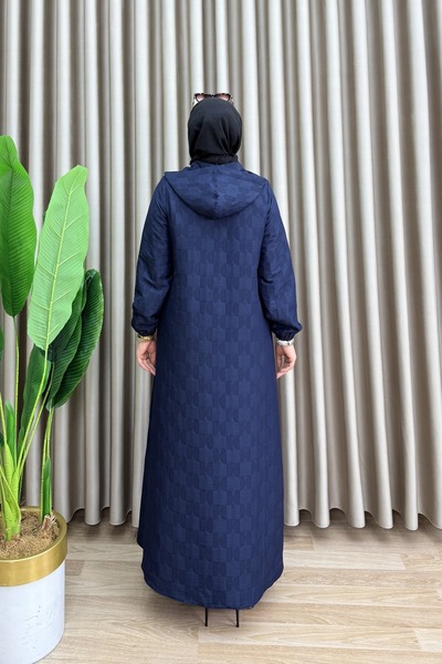 Hürrem Căciulă matlasată DEVA, din țesătură jacquard matlasată, pentru femei, albastru marin, cu fermoar pe toată lungimea, buzunare și glugă, căciulă lungă tip hijab.