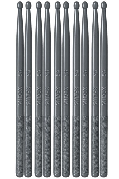 Midex GFK-901GRY-5X PRO 5A عصي طبول احترافية غير قابلة للكسر من ألياف الكربون، عصي طبول رمادية (5 أزواج)