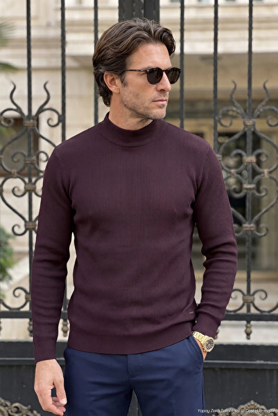 Çizgi Triko Men's Half Fisherman Plum Sweater Slim Ribbed Patterned Classic F...