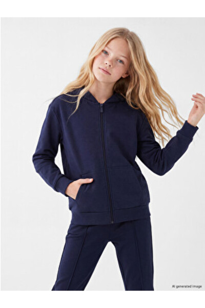 LC Waikiki Navy Blue Hooded Girl's Zippered Sweatshirt