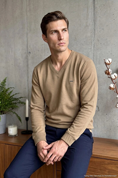 Çizgi Triko Men's V-Neck Wheat Sweater Thessaloniki Knit Solid Color Classic ...