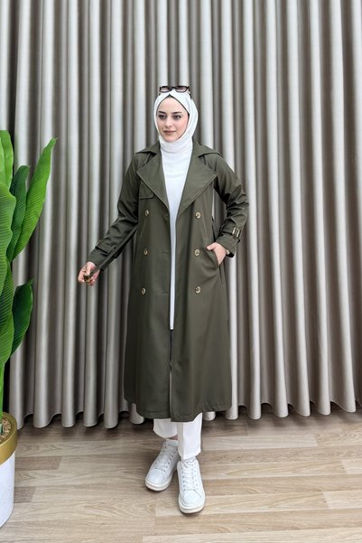mercan moda TRENCHCOAT MARS din țesătură Bondit pentru femei, de culoare kaki, cu nasturi detașabili, curea detașabilă și detaliu buzunar