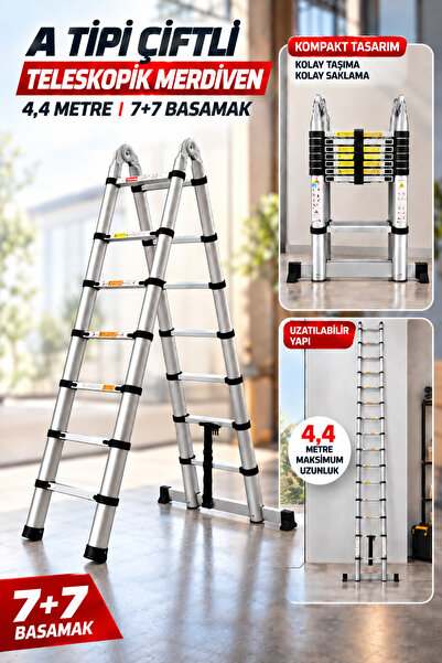 Badem10 A Tipi Teleskopik Portatif Merdiven 4.4 Metre 7+7 14 Basamak Uzayan K...