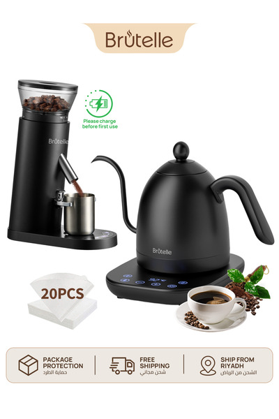 Brutelle Coffee Maker Set Electric Burr Grinder Gooseneck Coffee Kettle 60 Grind Settings USB-C Anti-Static for Espresso Pour Over