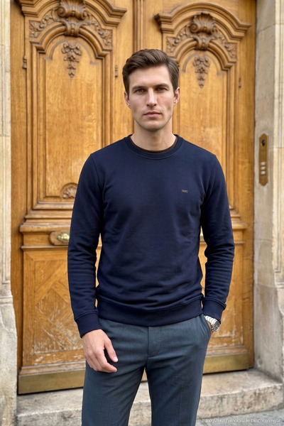 Çizgi Triko Men's Crew Neck Navy Blue Sweater Thessaloniki Knit Solid Color C...