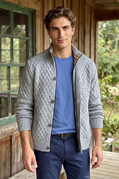 Çizgi Triko Men's Zippered and Buttoned Cardigan Thick Knit Knitwear Classic ...